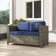 Outsunny - Wicker Outdoor Sofa, All Weather Patio Couch Loveseat with Cushions for Balcony, Deck, Garden, Poolside, Dark Blue