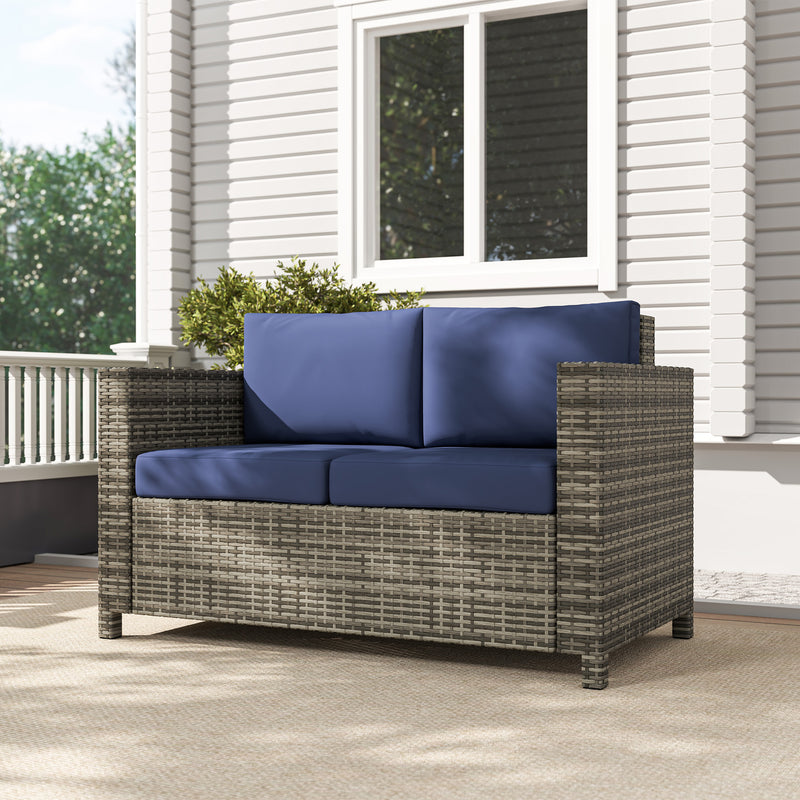 Outsunny - Wicker Outdoor Sofa, All Weather Patio Couch Loveseat with Cushions for Balcony, Deck, Garden, Poolside, Dark Blue