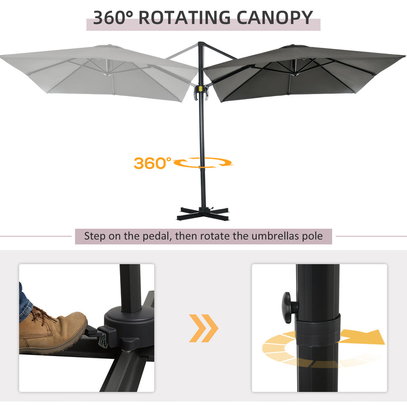 Outsunny - 8' x 8' Square Patio Hanging Offset Umbrella with 360° Rotation, Aluminum Outdoor Cantilever Parasol with Crank & Tilt, Sun Canopy Shelter with Cross Base, Grey — 84D-051V00GY