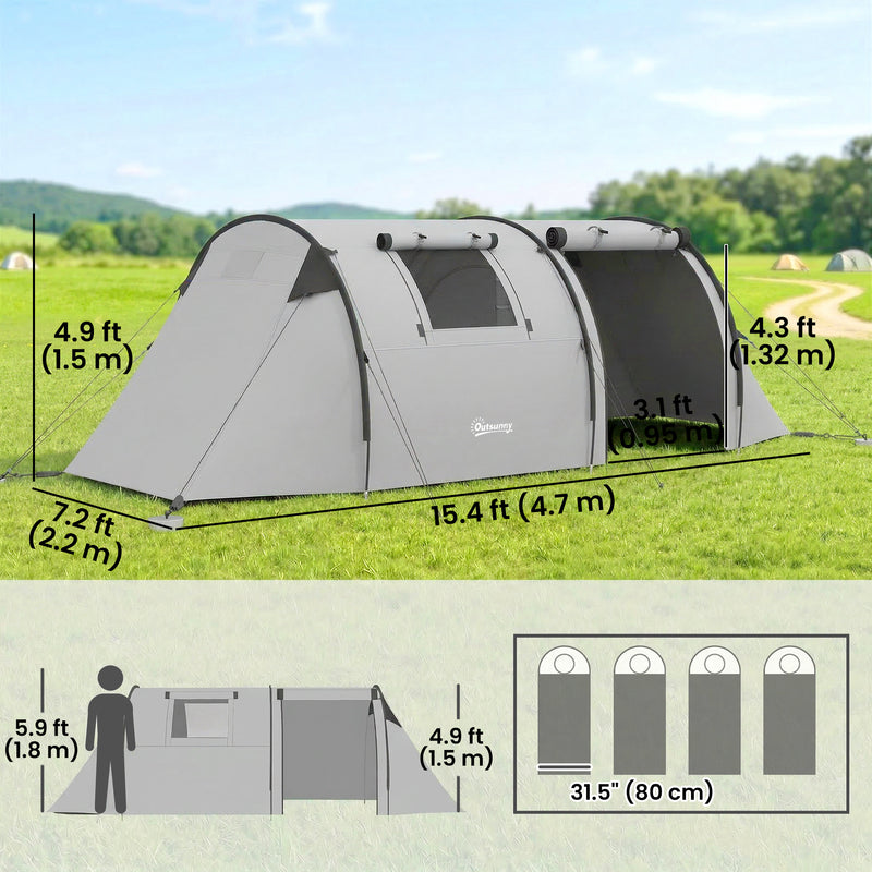Outsunny - 3-4 Person Camping Tent with 2 Rooms, 3000mm Waterproof Portable Family Tent with Carry Bag, Grey