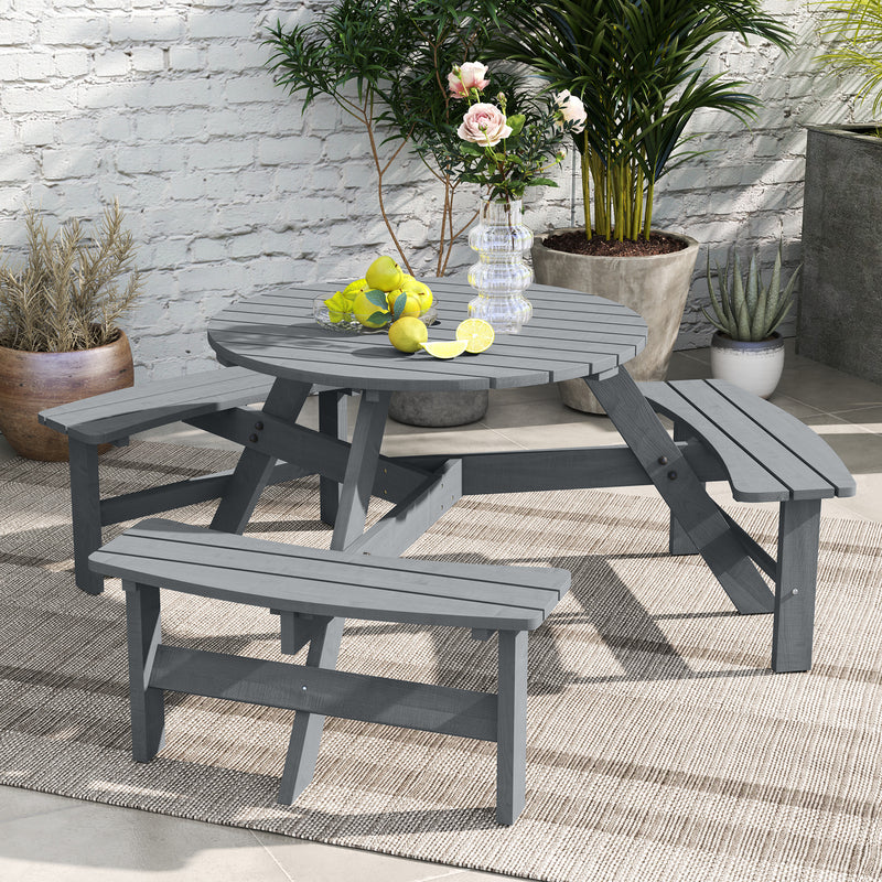 Outsunny - 6 Person Round Picnic Table Bench Set with Umbrella Hole, Wood Patio Table with 3 Built-in Benches for Garden, Deck, Backyard, Grey