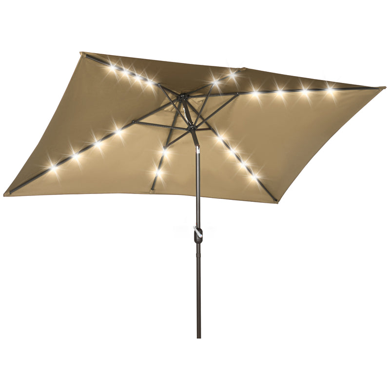 Outsunny - 6.5x10ft Patio Umbrella Rectangle Solar Powered Tilt Aluminum Outdoor Market Parasol with LEDs Crank (Light Coffee)