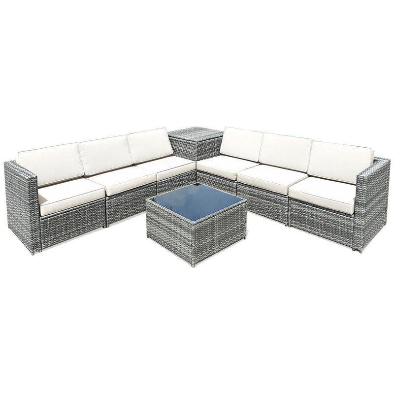 Costway - 8 Piece Wicker Sofa Rattan Dinning Set Patio Furniture with Storage Table-White