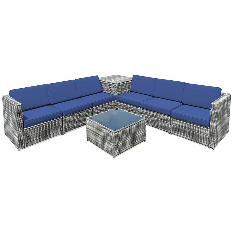 Costway - 8 Piece Wicker Sofa Rattan Dinning Set Patio Furniture with Storage Table-Navy