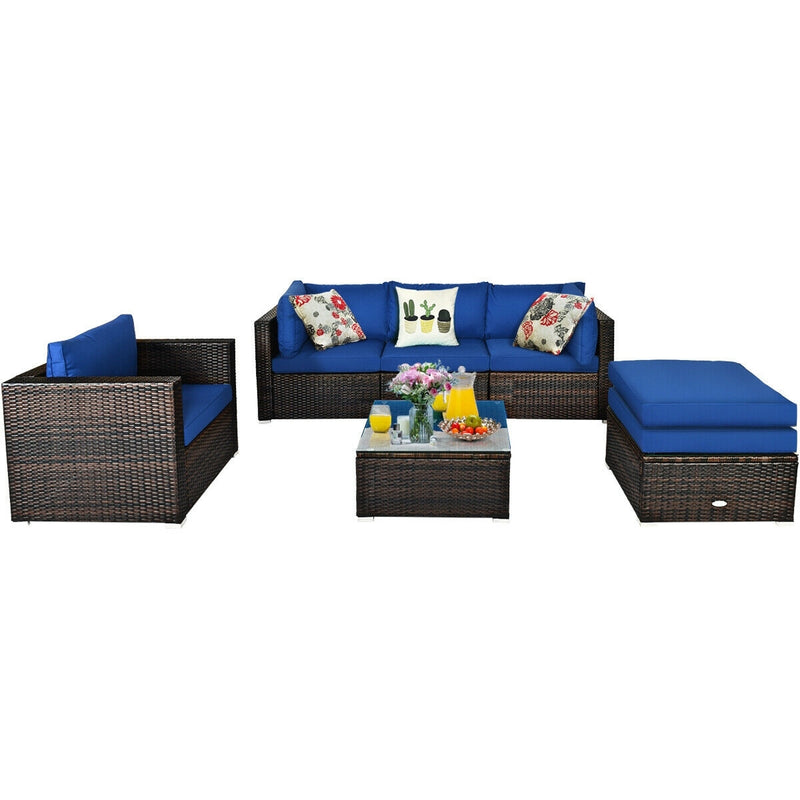 Costway - 6 Pieces Patio Rattan Furniture Set with Sectional Cushion-Blue