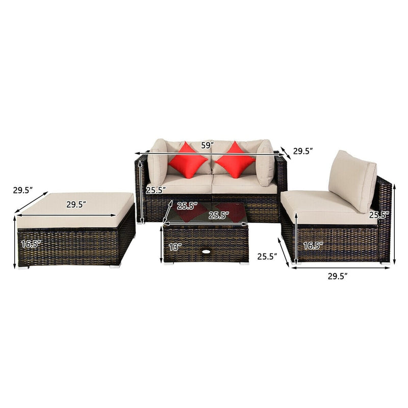 Costway - 5 Pieces Outdoor Patio Rattan Furniture Set Sectional Conversation with Cushions-Beige
