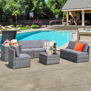 Costway - 8 Pieces Wicker Sofa Rattan Dining Set Patio Furniture with Storage Table-Gray