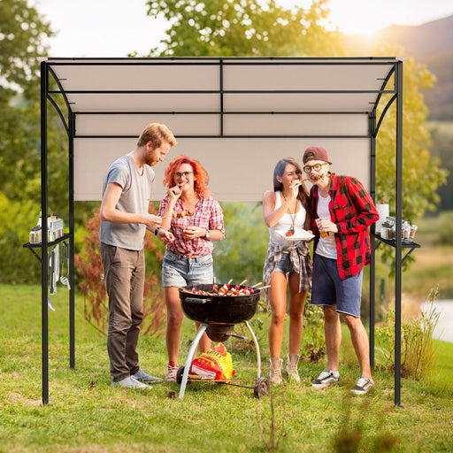 Costway - 7.8 x 4.4 FT Outdoor Patio BBQ Canopy with Metal Shelves and Bottle Openers-Beige