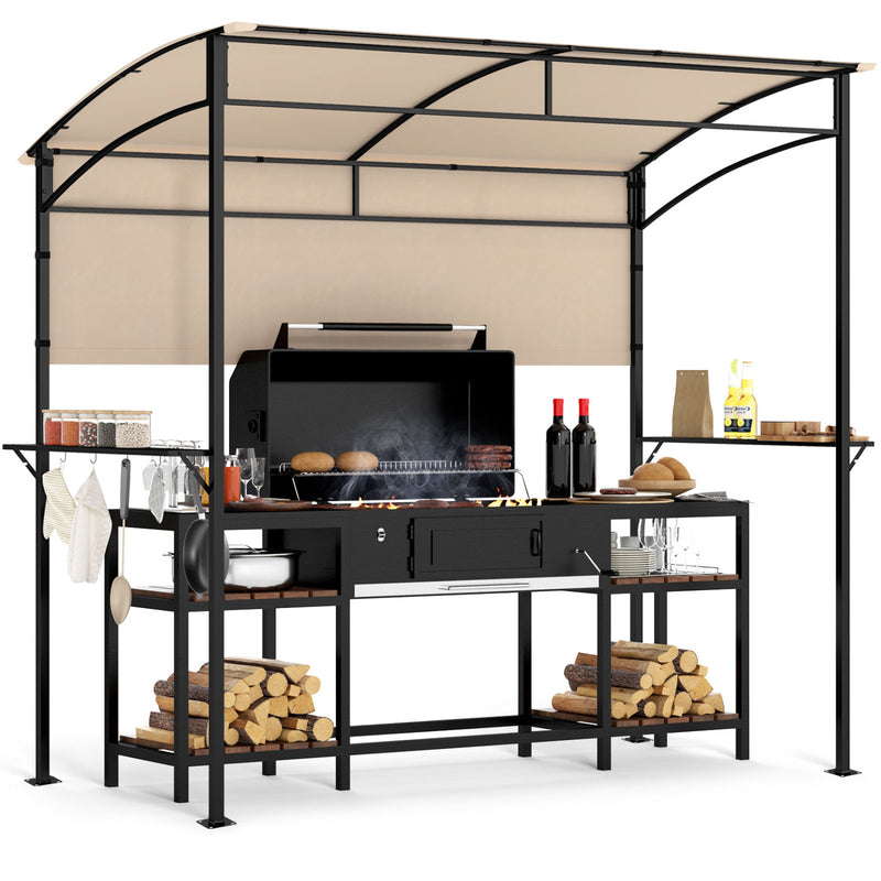 Costway - 7.8 x 4.4 FT Outdoor Patio BBQ Canopy with Metal Shelves and Bottle Openers-Beige