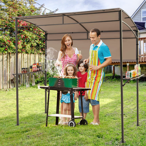 Costway - 7.8 x 4.4 FT Outdoor Patio BBQ Canopy with Metal Shelves and Bottle Openers-Brown