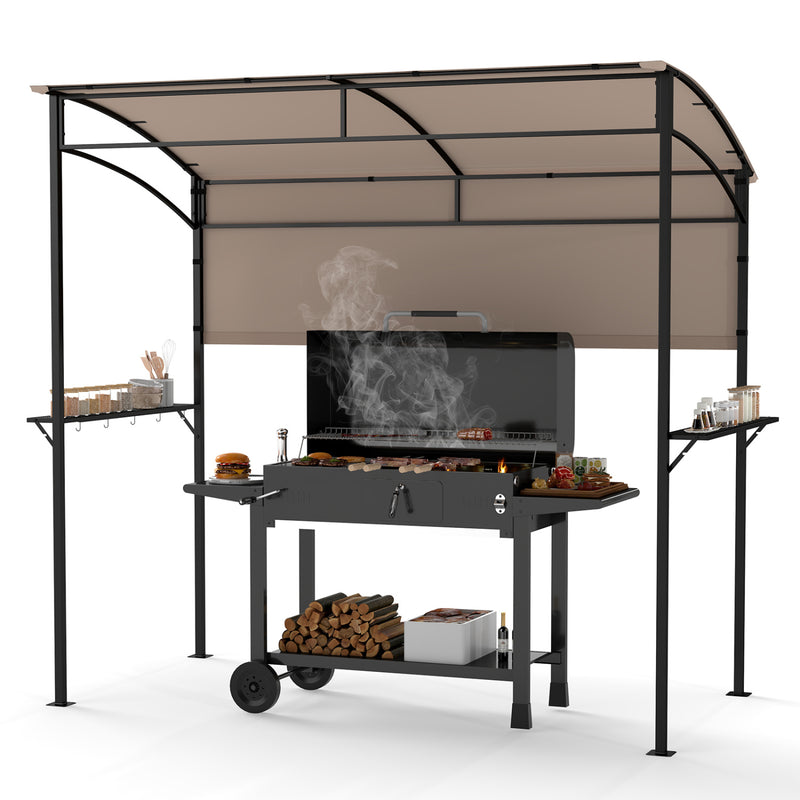 Costway - 7.8 x 4.4 FT Outdoor Patio BBQ Canopy with Metal Shelves and Bottle Openers-Brown