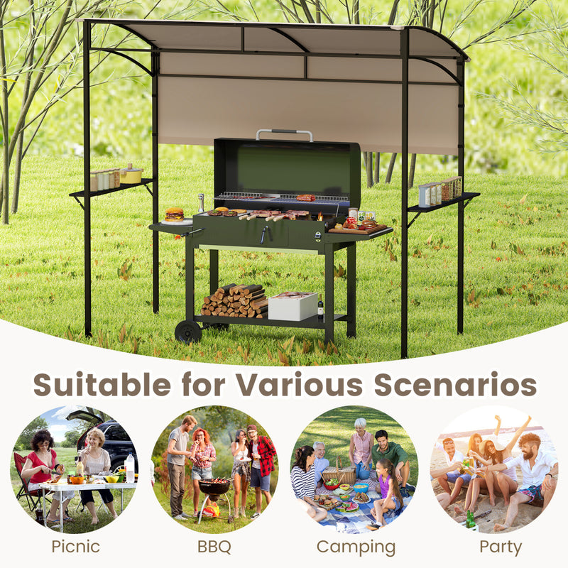 Costway - 7.8 x 4.4 FT Outdoor Patio BBQ Canopy with Metal Shelves and Bottle Openers-Brown