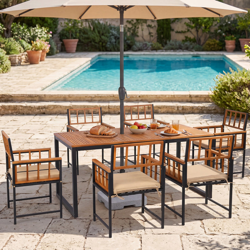 Costway - 7-Piece Outdoor Dining Set with Acacia Wood Table & Chairs and Umbrella Hole-Natural & Black