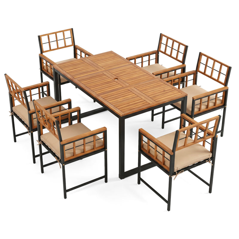 Costway - 7-Piece Outdoor Dining Set with Acacia Wood Table & Chairs and Umbrella Hole-Natural & Black