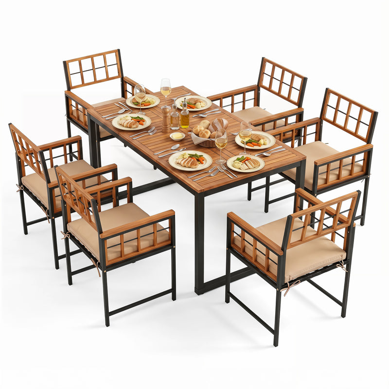 Costway - 7-Piece Outdoor Dining Set with Acacia Wood Table & Chairs and Umbrella Hole-Natural & Black
