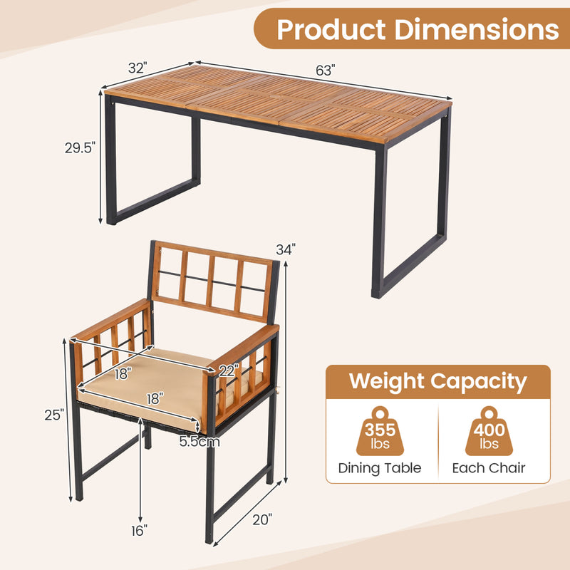 Costway - 7-Piece Outdoor Dining Set with Acacia Wood Table & Chairs and Umbrella Hole-Natural & Black