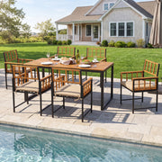 Costway - 7-Piece Outdoor Dining Set with Acacia Wood Table & Chairs and Umbrella Hole-Natural & Black