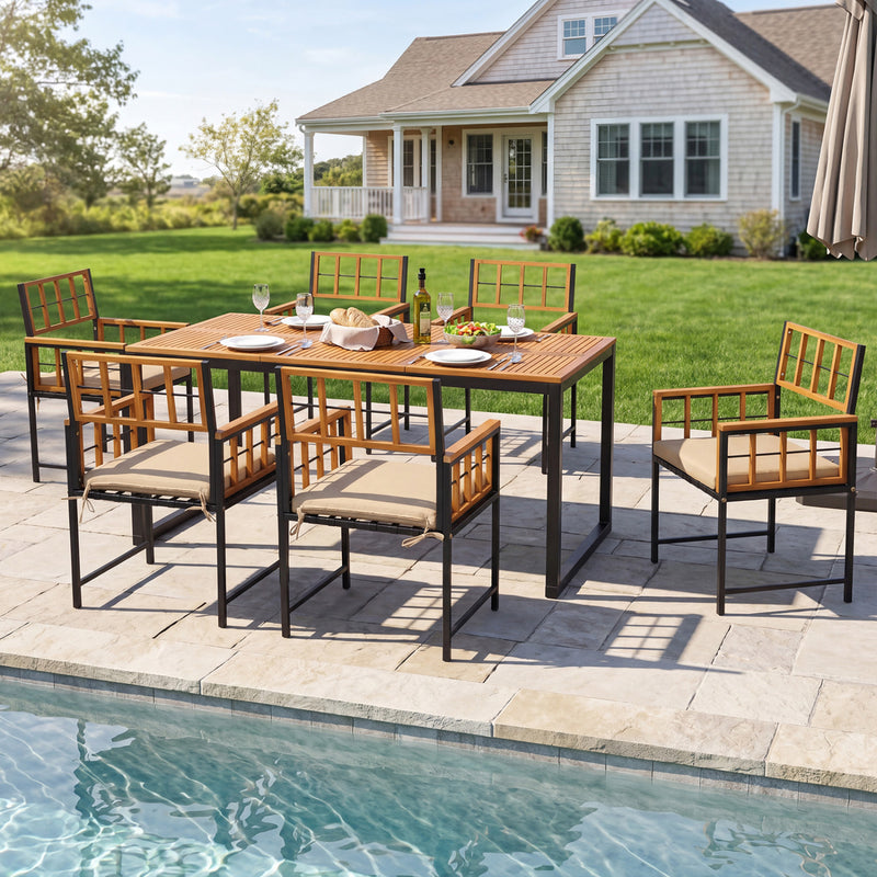 Costway - 7-Piece Outdoor Dining Set with Acacia Wood Table & Chairs and Umbrella Hole-Natural & Black