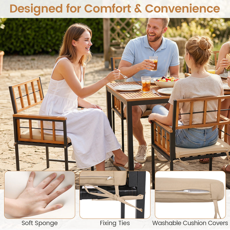 Costway - 7-Piece Outdoor Dining Set with Acacia Wood Table & Chairs and Umbrella Hole-Natural & Black