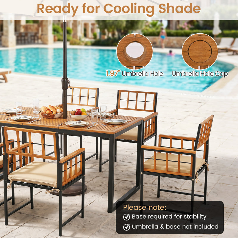 Costway - 7-Piece Outdoor Dining Set with Acacia Wood Table & Chairs and Umbrella Hole-Natural & Black