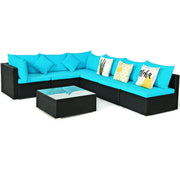 Costway - 7-Piece Outdoor Sectional Wicker Patio Sofa Set with Tempered Glass Top-Blue