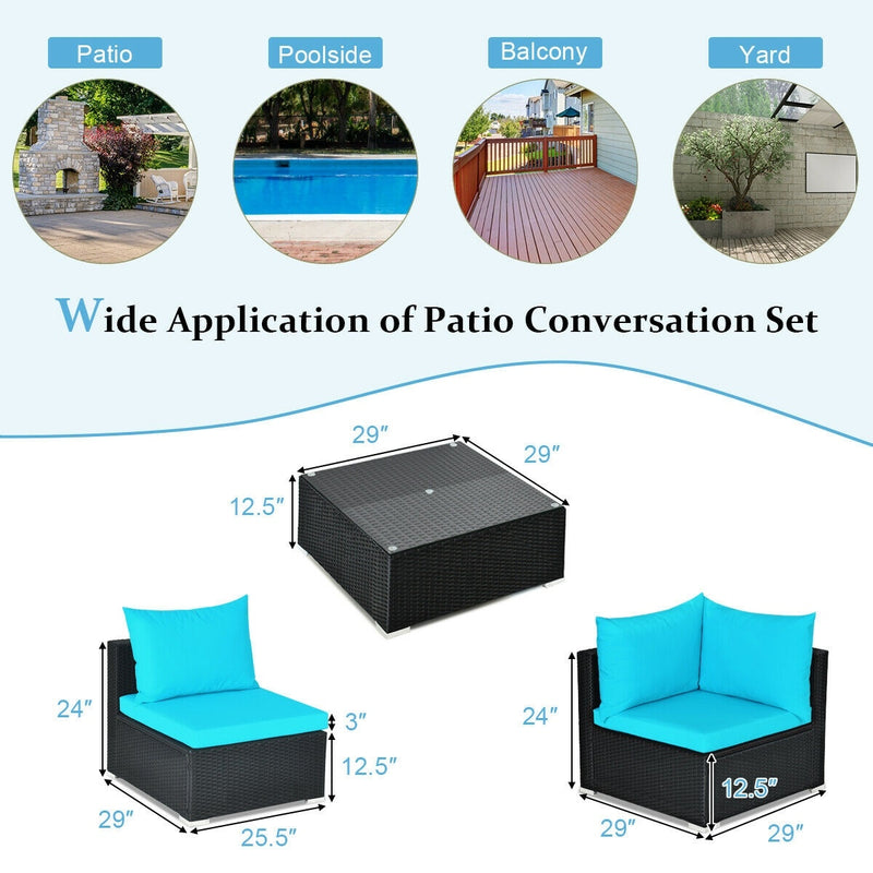 Costway - 7-Piece Outdoor Sectional Wicker Patio Sofa Set with Tempered Glass Top-Blue