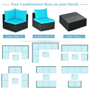 Costway - 7-Piece Outdoor Sectional Wicker Patio Sofa Set with Tempered Glass Top-Blue
