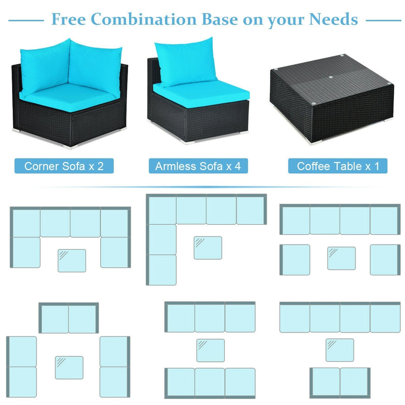 Costway - 7-Piece Outdoor Sectional Wicker Patio Sofa Set with Tempered Glass Top-Blue