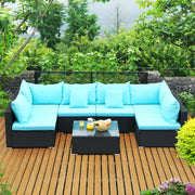 Costway - 7-Piece Outdoor Sectional Wicker Patio Sofa Set with Tempered Glass Top-Blue