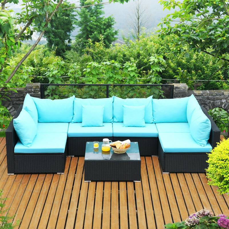 Costway - 7-Piece Outdoor Sectional Wicker Patio Sofa Set with Tempered Glass Top-Blue