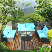Costway - 7-Piece Outdoor Sectional Wicker Patio Sofa Set with Tempered Glass Top-Blue