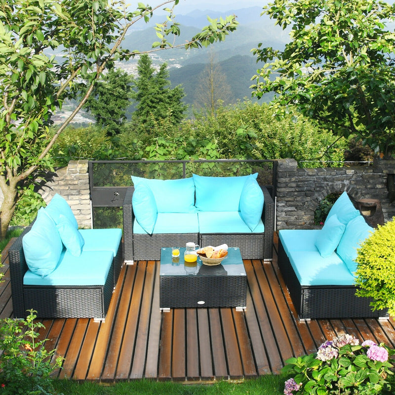 Costway - 7-Piece Outdoor Sectional Wicker Patio Sofa Set with Tempered Glass Top-Blue