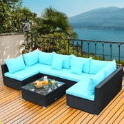 Costway - 7-Piece Outdoor Sectional Wicker Patio Sofa Set with Tempered Glass Top-Blue