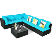 Costway - 7-Piece Outdoor Sectional Wicker Patio Sofa Set with Tempered Glass Top-Blue