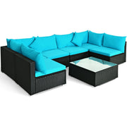 Costway - 7-Piece Outdoor Sectional Wicker Patio Sofa Set with Tempered Glass Top-Blue