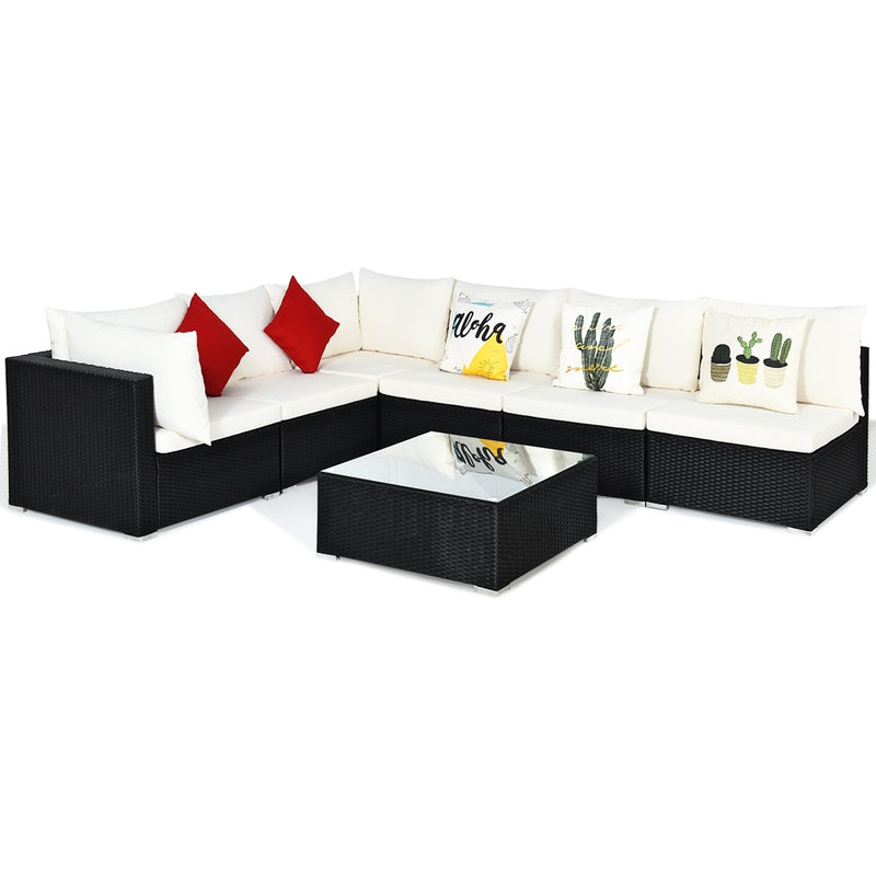 Costway - 7-Piece Outdoor Sectional Wicker Patio Sofa Set with Tempered Glass Top-Beige