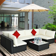 Costway - 7-Piece Outdoor Sectional Wicker Patio Sofa Set with Tempered Glass Top-Beige