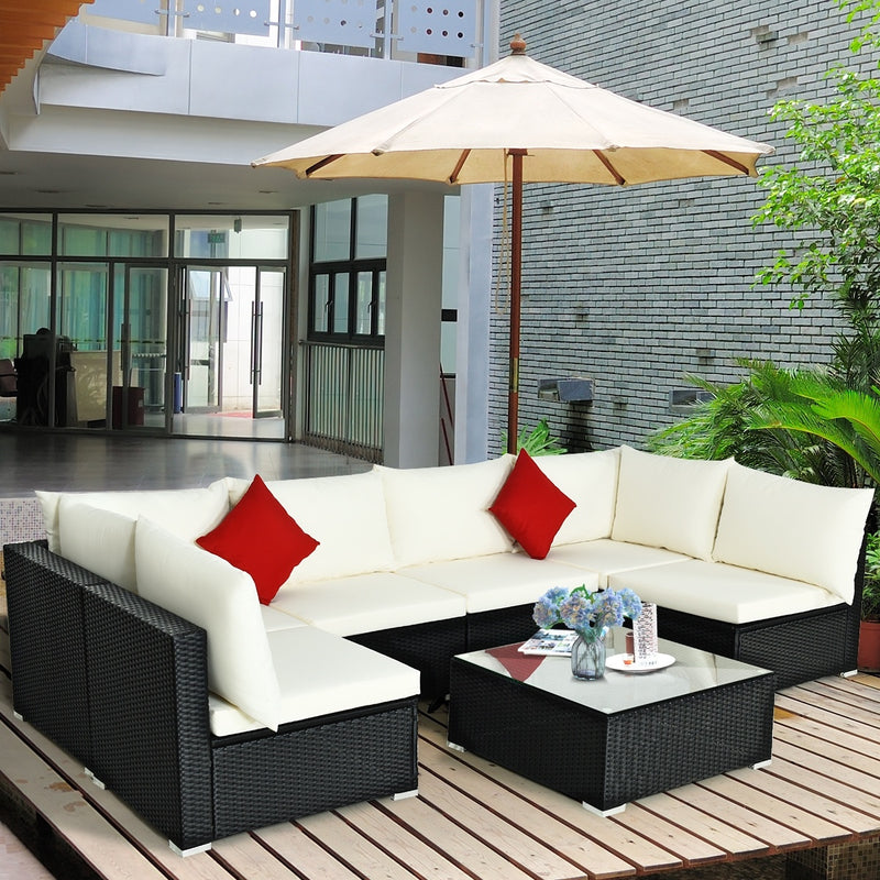 Costway - 7-Piece Outdoor Sectional Wicker Patio Sofa Set with Tempered Glass Top-Beige