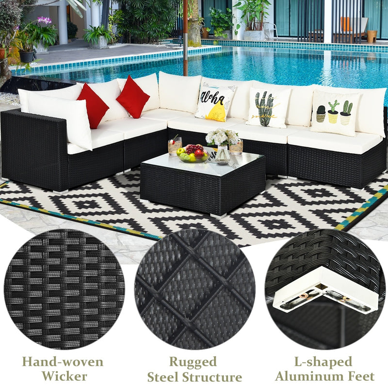 Costway - 7-Piece Outdoor Sectional Wicker Patio Sofa Set with Tempered Glass Top-Beige
