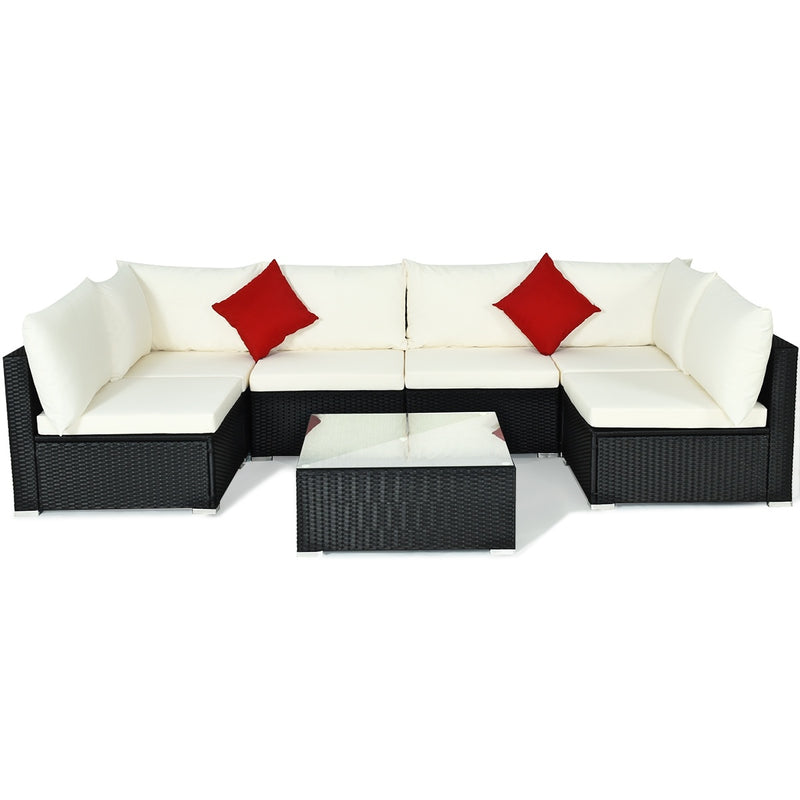 Costway - 7-Piece Outdoor Sectional Wicker Patio Sofa Set with Tempered Glass Top-Beige