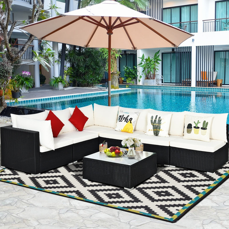 Costway - 7-Piece Outdoor Sectional Wicker Patio Sofa Set with Tempered Glass Top-Beige