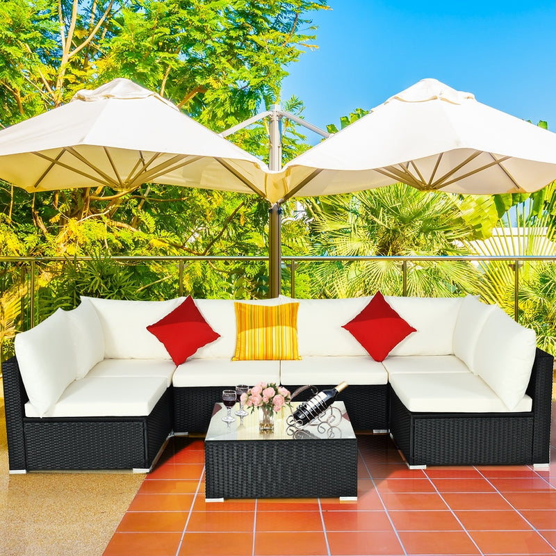 Costway - 7-Piece Outdoor Sectional Wicker Patio Sofa Set with Tempered Glass Top-Beige