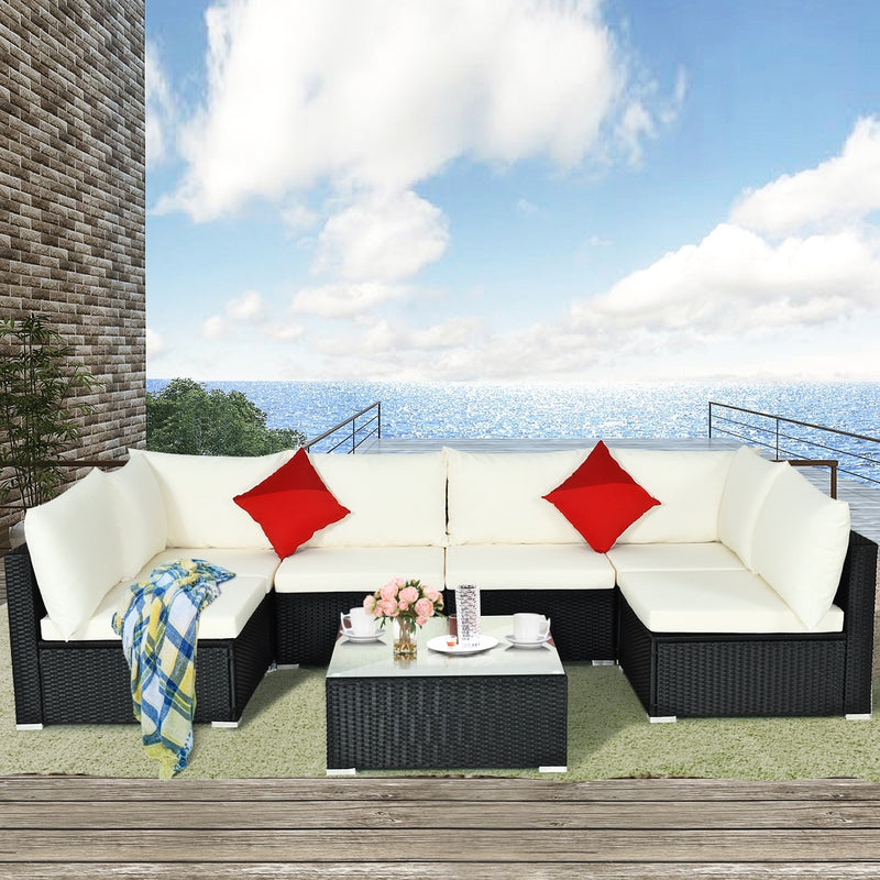 Costway - 7-Piece Outdoor Sectional Wicker Patio Sofa Set with Tempered Glass Top-Beige