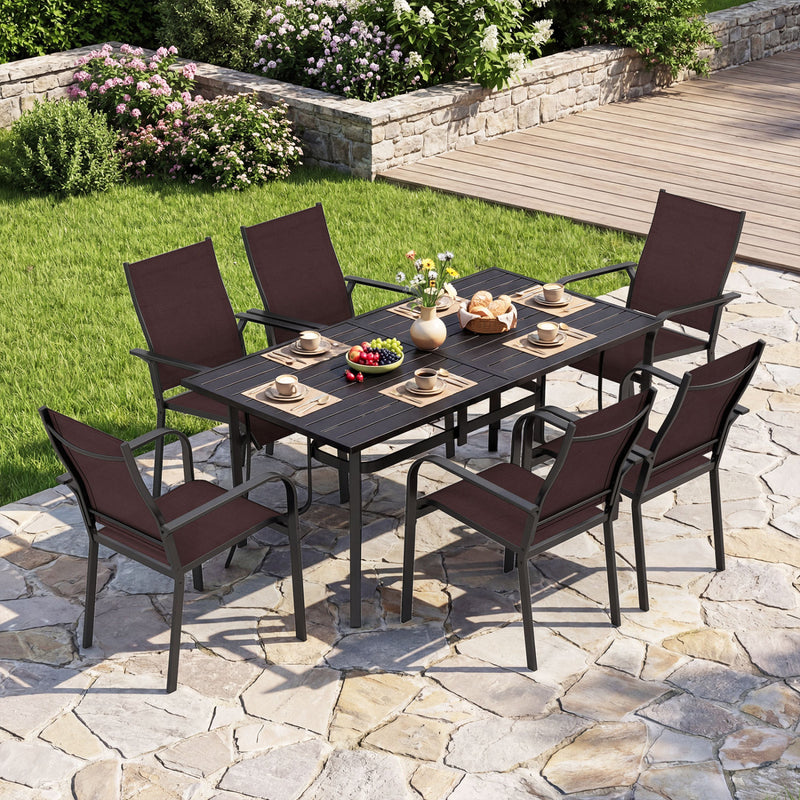 Costway - 7-Piece Patio Dining Set for 6 with Rectangle Metal Table and Stackable Breathable Mesh Armchairs-Brown