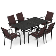 Costway - 7-Piece Patio Dining Set for 6 with Rectangle Metal Table and Stackable Breathable Mesh Armchairs-Brown