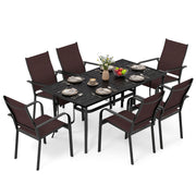 Costway - 7-Piece Patio Dining Set for 6 with Rectangle Metal Table and Stackable Breathable Mesh Armchairs-Brown