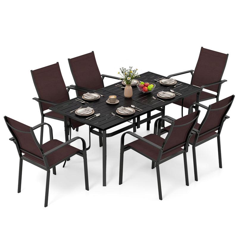 Costway - 7-Piece Patio Dining Set for 6 with Rectangle Metal Table and Stackable Breathable Mesh Armchairs-Brown