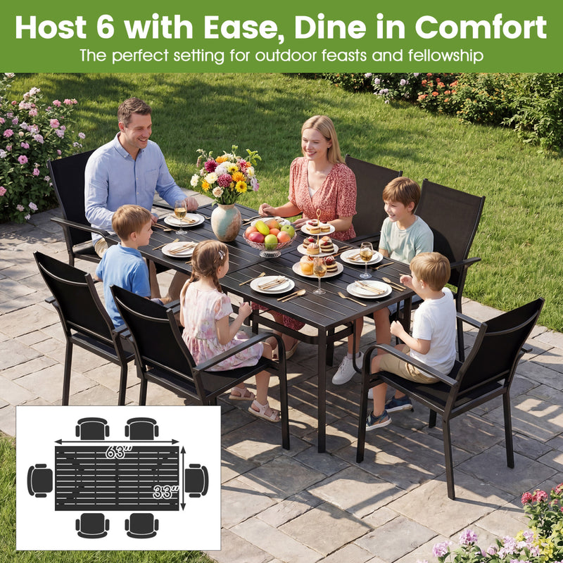 Costway - 7-Piece Patio Dining Set for 6 with Rectangle Metal Table and Stackable Breathable Mesh Armchairs-Brown