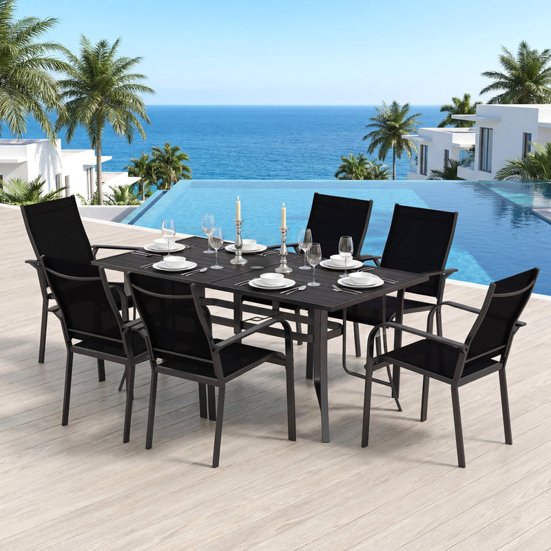 Costway - 7-Piece Patio Dining Set for 6 with Rectangle Metal Table and Stackable Breathable Mesh Armchairs-Black