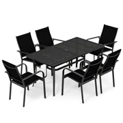 Costway - 7-Piece Patio Dining Set for 6 with Rectangle Metal Table and Stackable Breathable Mesh Armchairs-Black